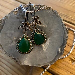 Emerald & diamond sterling silver dangle earrings